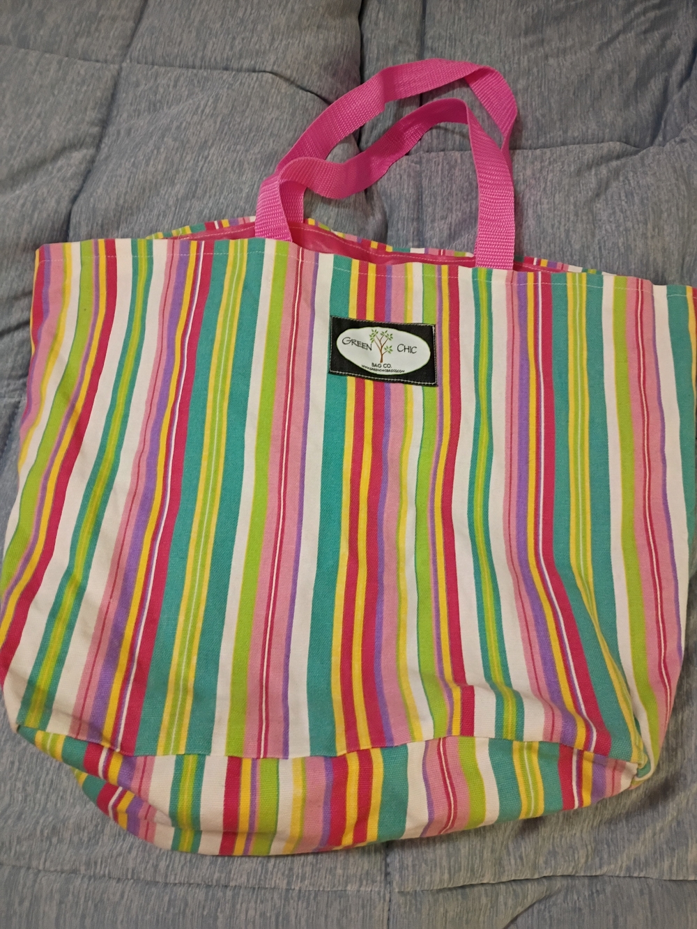 Green Chic Pink Multi-Stripe Canvas Tote Bag